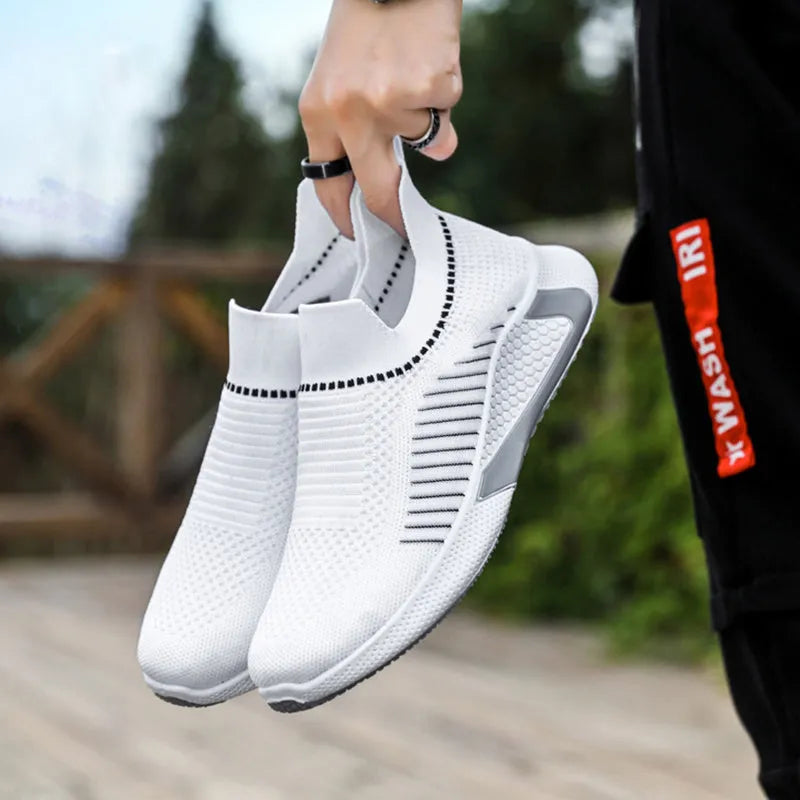 Men's black and white striped mesh sock running shoes with lace-up front