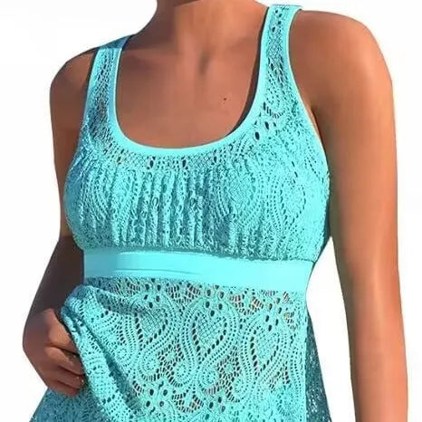 Conservative women's two-piece swimsuit set in solid colour with hollow split design and briefs.