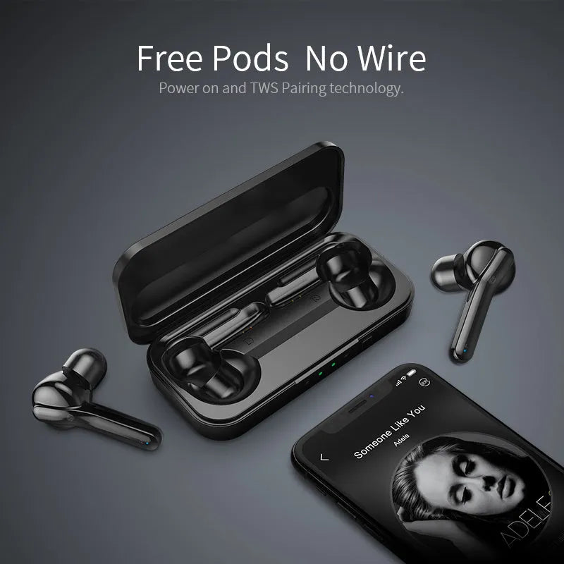 Black and white true wireless Bluetooth earbuds with an IPX5 waterproof rating.