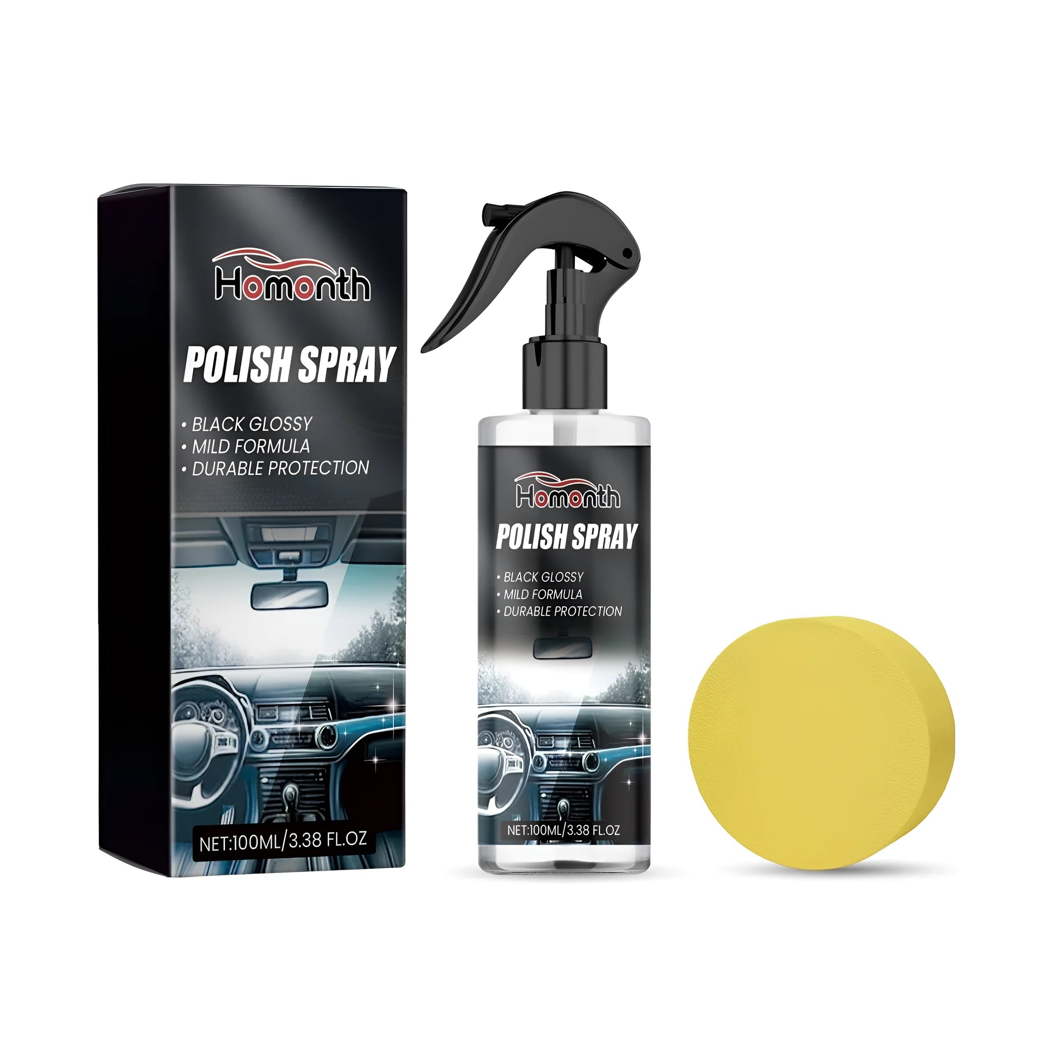 Car interior refurbishment cleaner kit showing 100ml spray bottle and 6.8x2.5cm sponge applicator for dashboard restoration