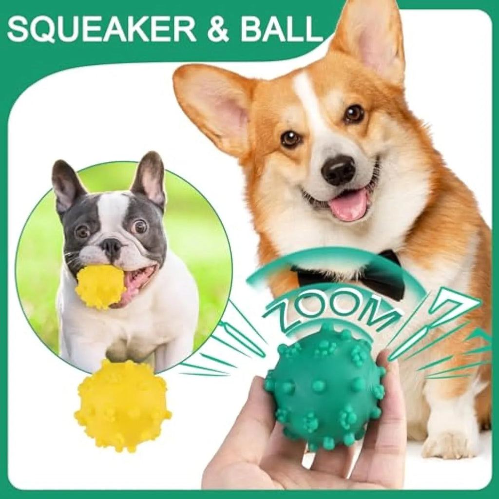 Bright blue spiky squeaky dog ball with paw-print dimples, 2 inches in diameter.