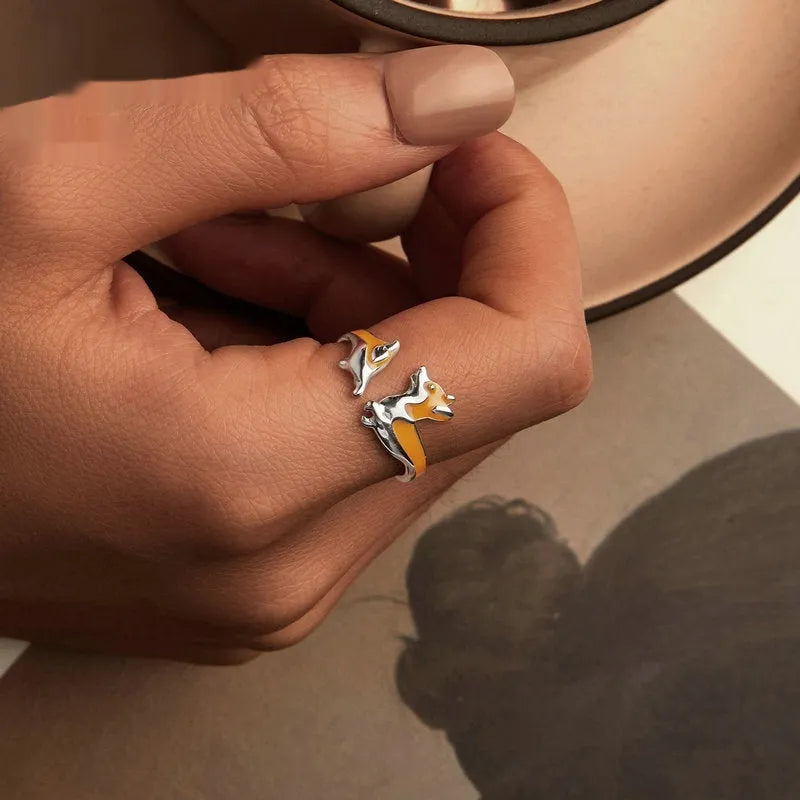 Silver corgi pet ring with cartoon design and electroplated finish