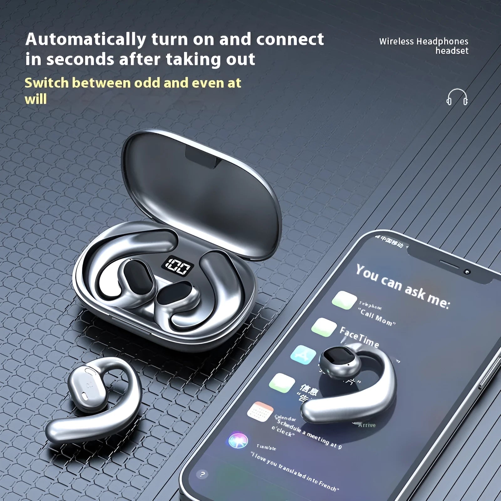 Black and white ear-mounted Bluetooth headset with digital display screen on ear.