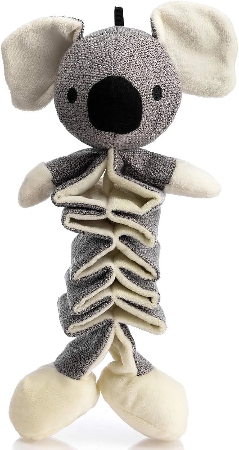 Grey koala-shaped plush dog toy with squeaker and crinkle paper, measuring 30cm.