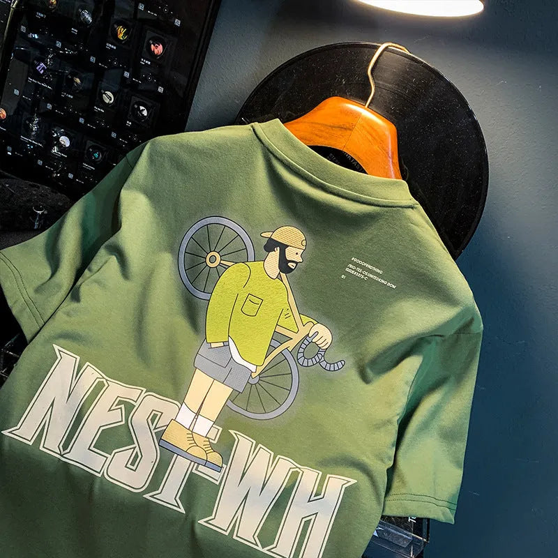 Green men's loose fit printed short sleeve t-shirt on a hanger