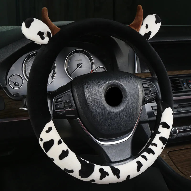 Plush car steering wheel cover in black or coffee colour with protective handle design