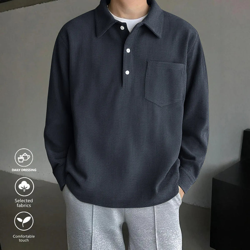 Men's American retro casual polyester pullover shirt in black, loose fit, size options S-XXL