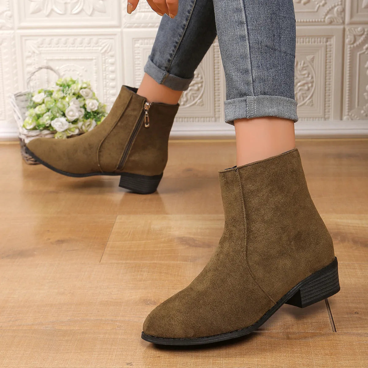 Suede Dr Martens short women's boots with chunky heel, side zipper, pointed toe, in black brown dark green