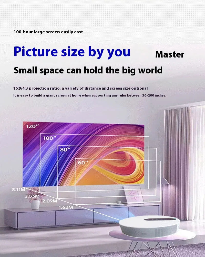 White HD home theatre projector with remote control showing 720p resolution display