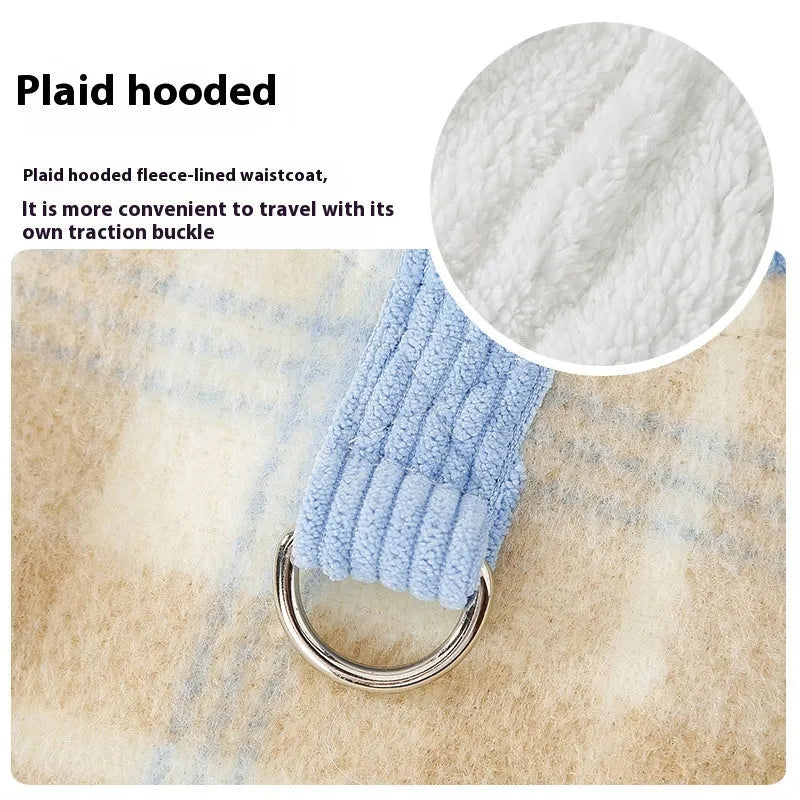 Blue corduroy chessboard grid hooded vest for a dog on a white background.