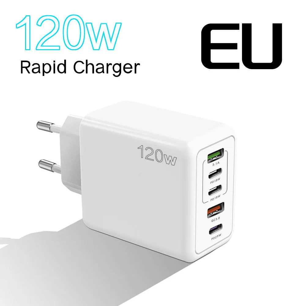 120W multi-port fast charger with five USB ports in white colour and UK three-pin plug