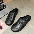 Adult flat toe box slippers in PVC with hollow-out design and faux fur collar.