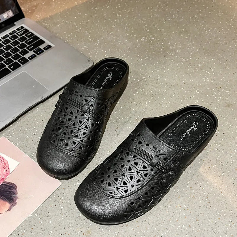 Adult flat toe box slippers in PVC with hollow-out design and faux fur collar.