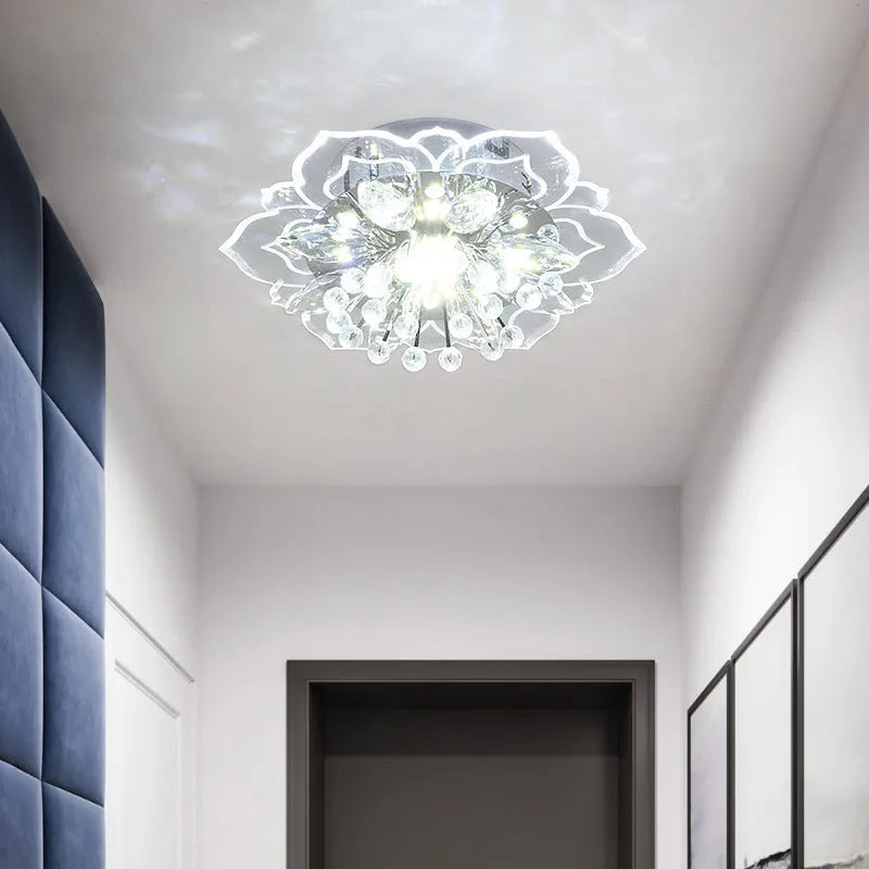 Modern crystal ceiling lamp with flower-shaped shade and LED light source for living rooms