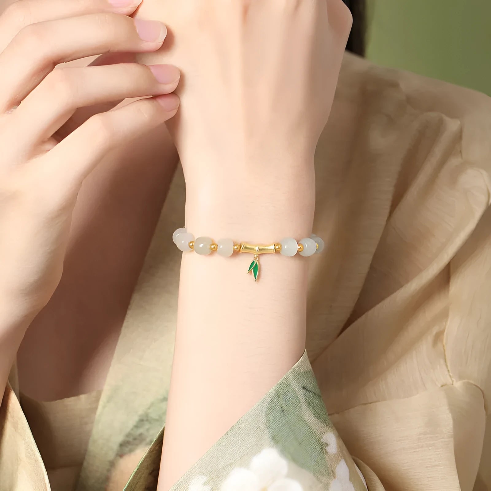 S925 sterling silver bracelet with natural Hetian jade bamboo leaf beads, 6mm size.