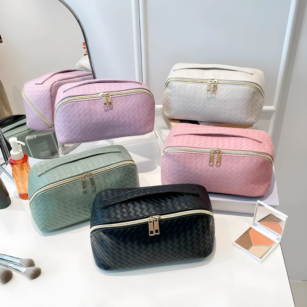 Waterproof large capacity multifunctional storage bag in pink, made from PU material, for cosmetics and daily use