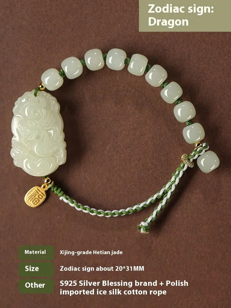 Rabbit Chinese zodiac bracelet with Hetian jade charm and silver card on a red rope.