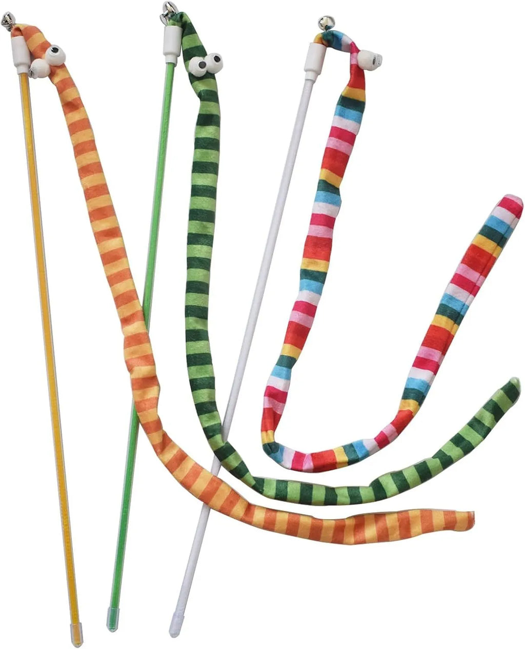 Cat wand toy with polycarbonate wand and long plush strip in vibrant colours for interactive play