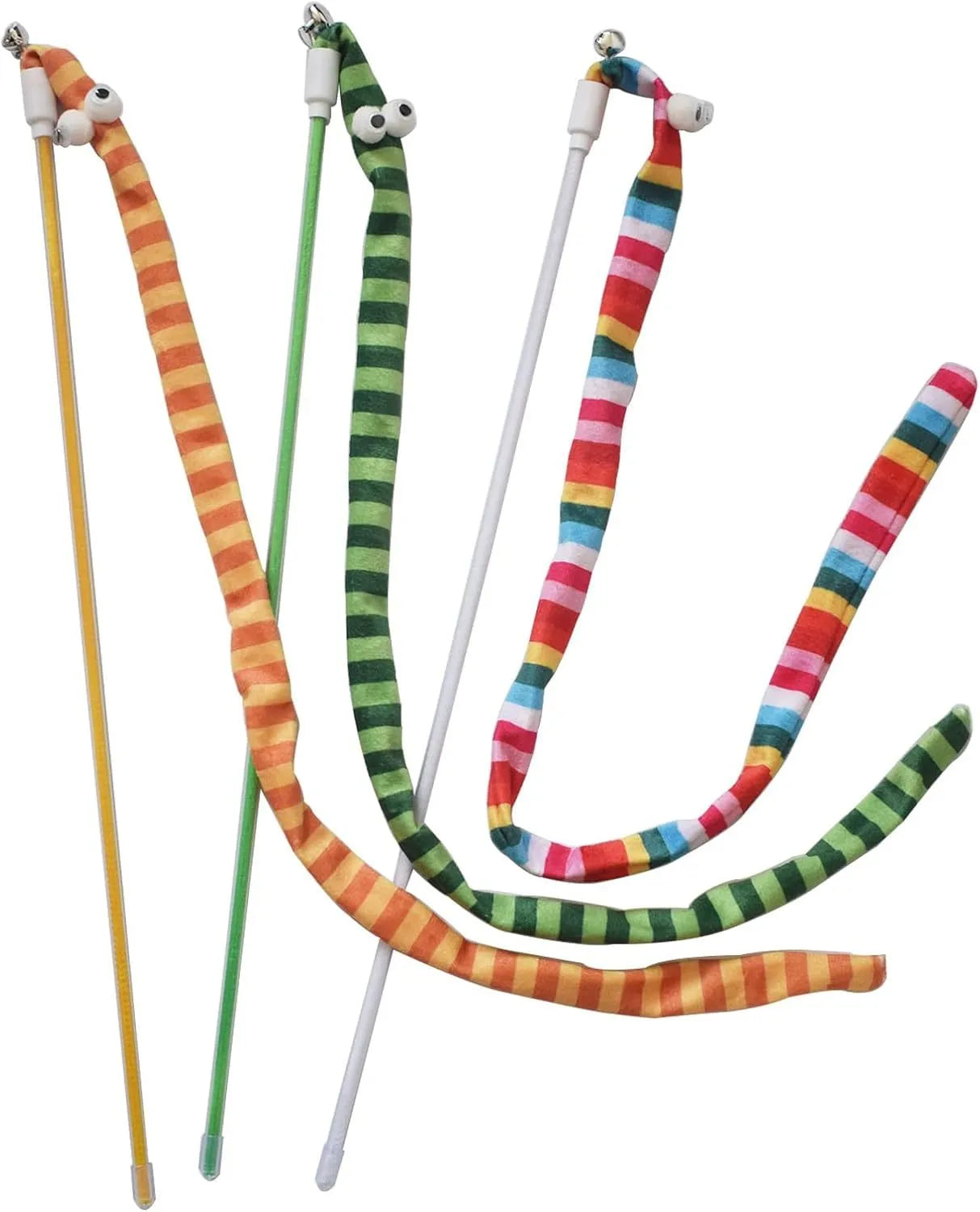 Cat wand toy with polycarbonate wand and long plush strip in vibrant colours for interactive play