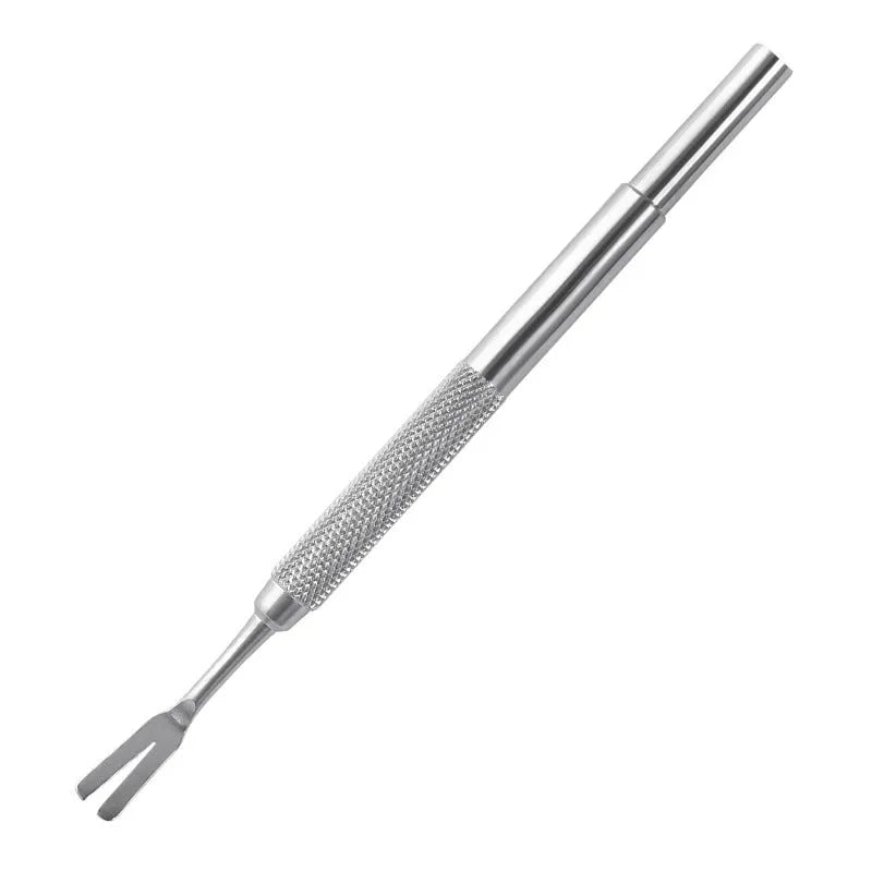 Silver stainless steel tick removal tweezers for pets with narrow slotted head
