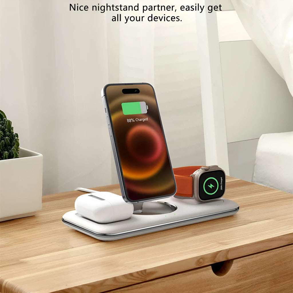 Folding magnetic wireless charger desktop bracket in white or black, 3-in-1, Type-C input, V18 universal