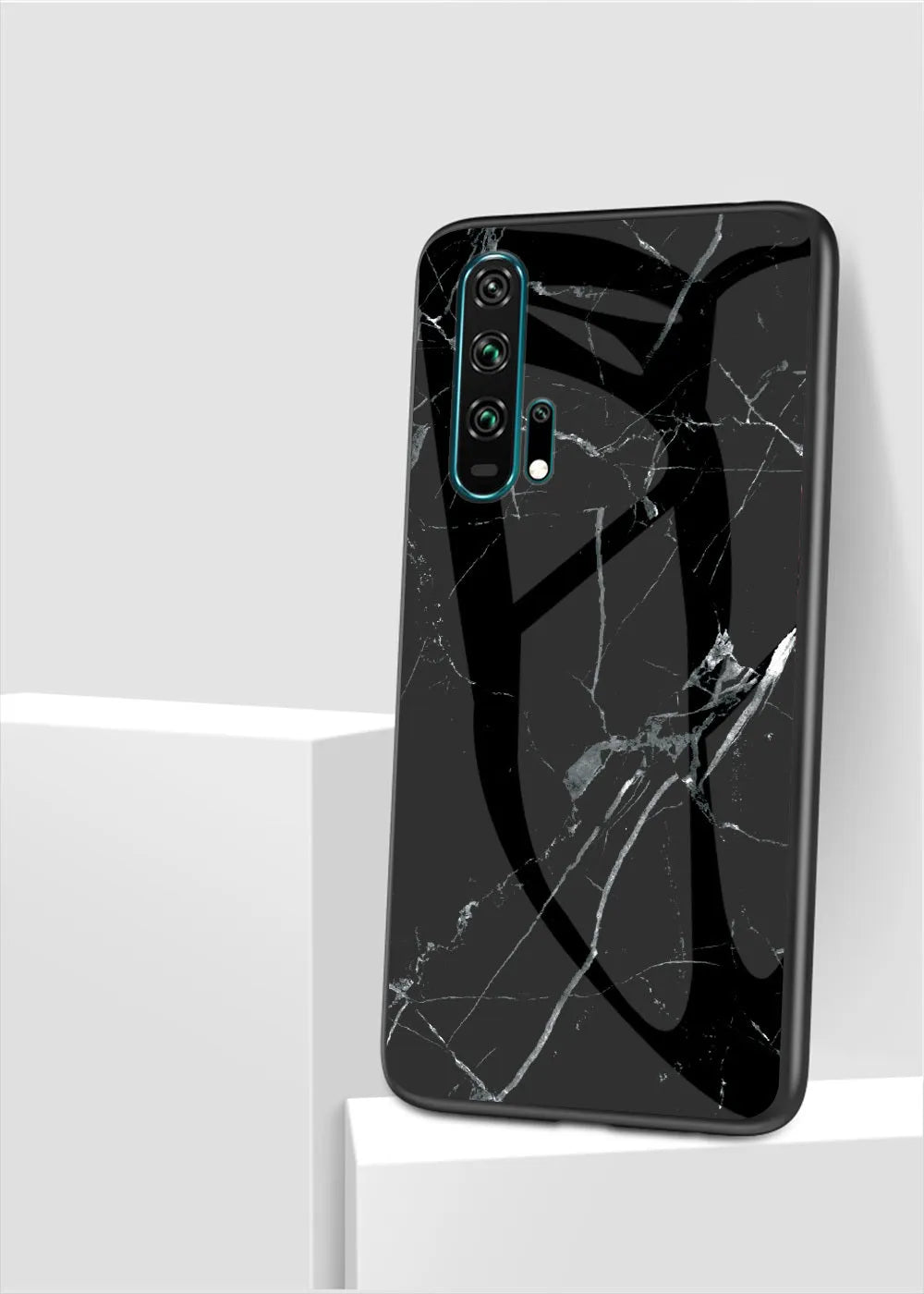 Honor 20 Pro in a black marble glass phone case with a silicone border.