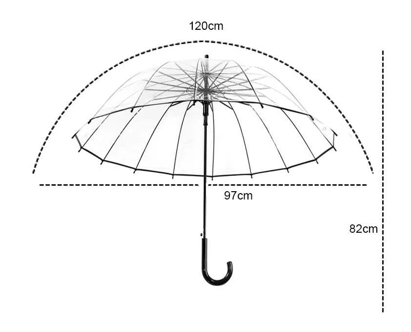 Clear long-handled transparent umbrella with a black curved handle and 16-rib frame on a white background.