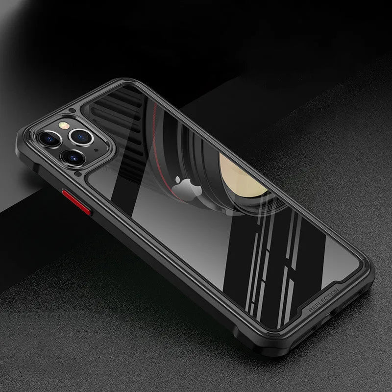 Transparent iPhone 11 case in six colour options showing TPU and PU construction