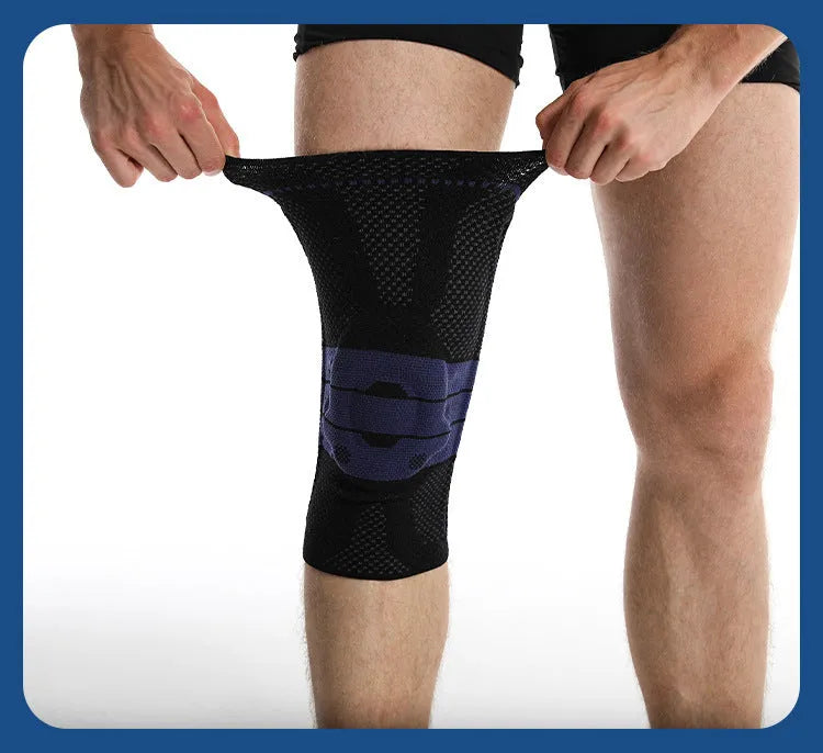 Adult sports knee pad in black and blue colour made from nylon and spandex material