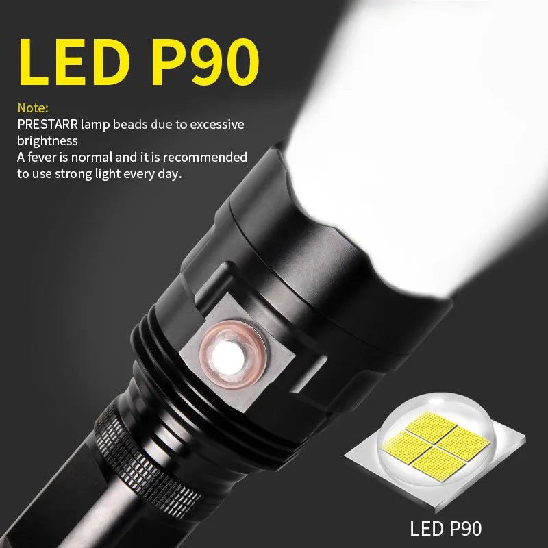 Black aluminium alloy tactical LED torch with six dimming modes and IPX5 waterproof rating