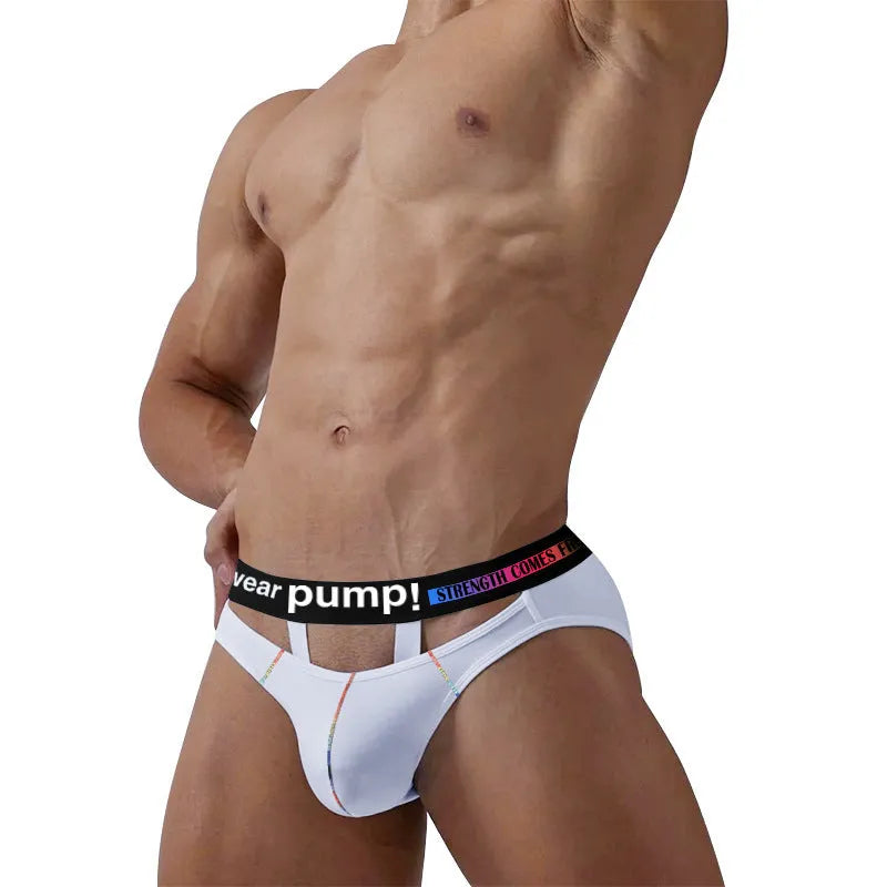 Men's solid black modal low waist briefs laid flat, showing the briefs style.
