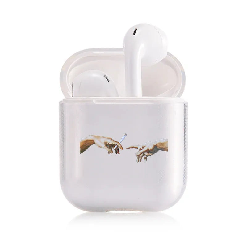 Transparent plastic protective cover on an Apple AirPods Pro charging case.