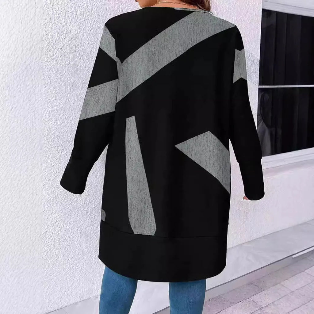 Black plus size women's casual cardigan coat with button detailing and printed stitching