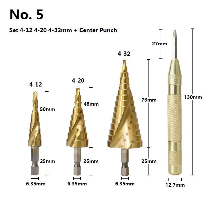High-speed steel cone step drill bit and centre punch set for metal and wood drilling