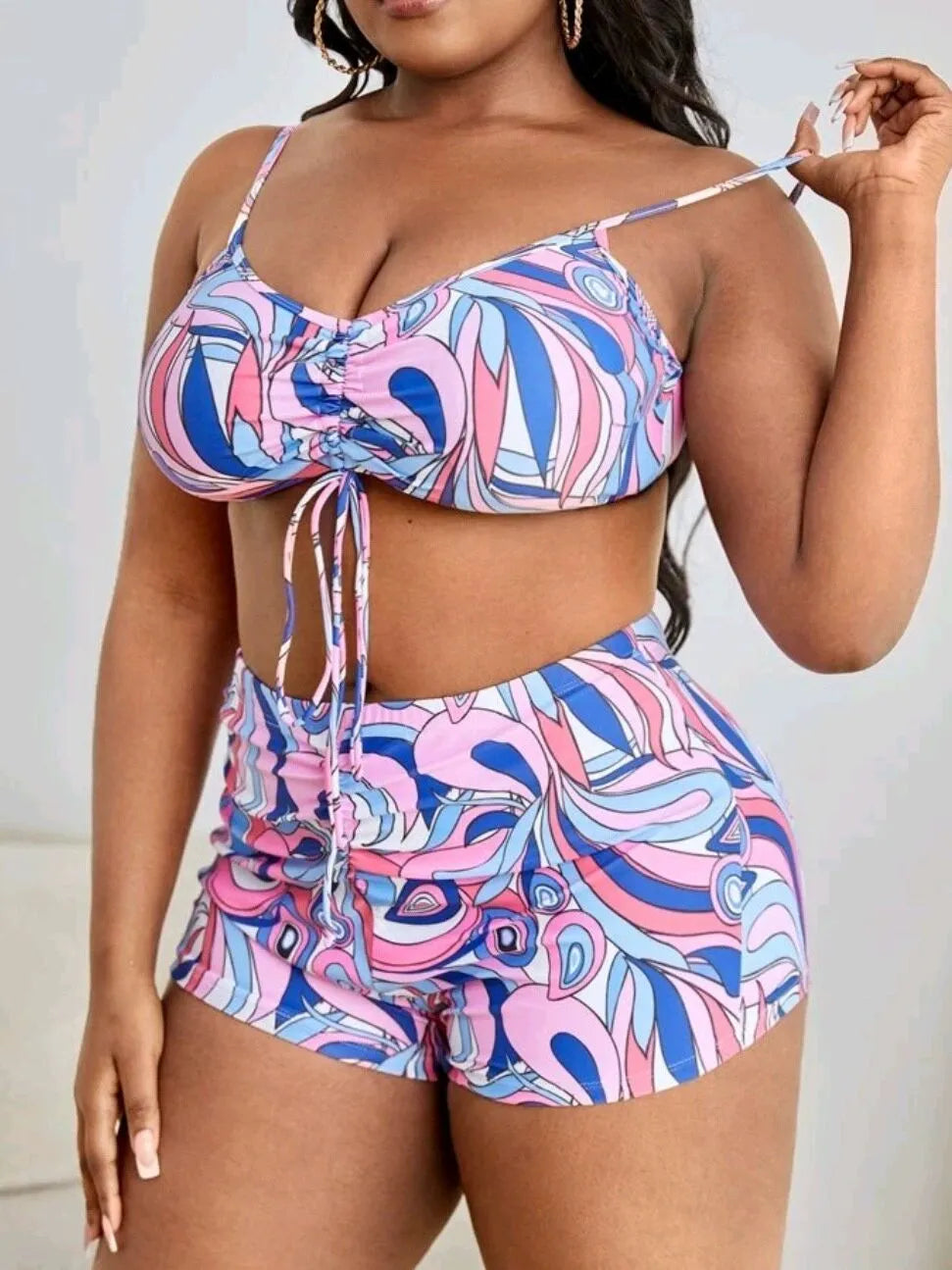 Women's floral print bikini three-piece set with cardigan cover-up in extended sizes