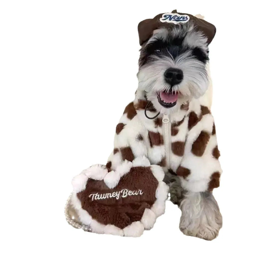 A pink plush polyester warm coat for a small dog, shown on a mannequin, British-style design.