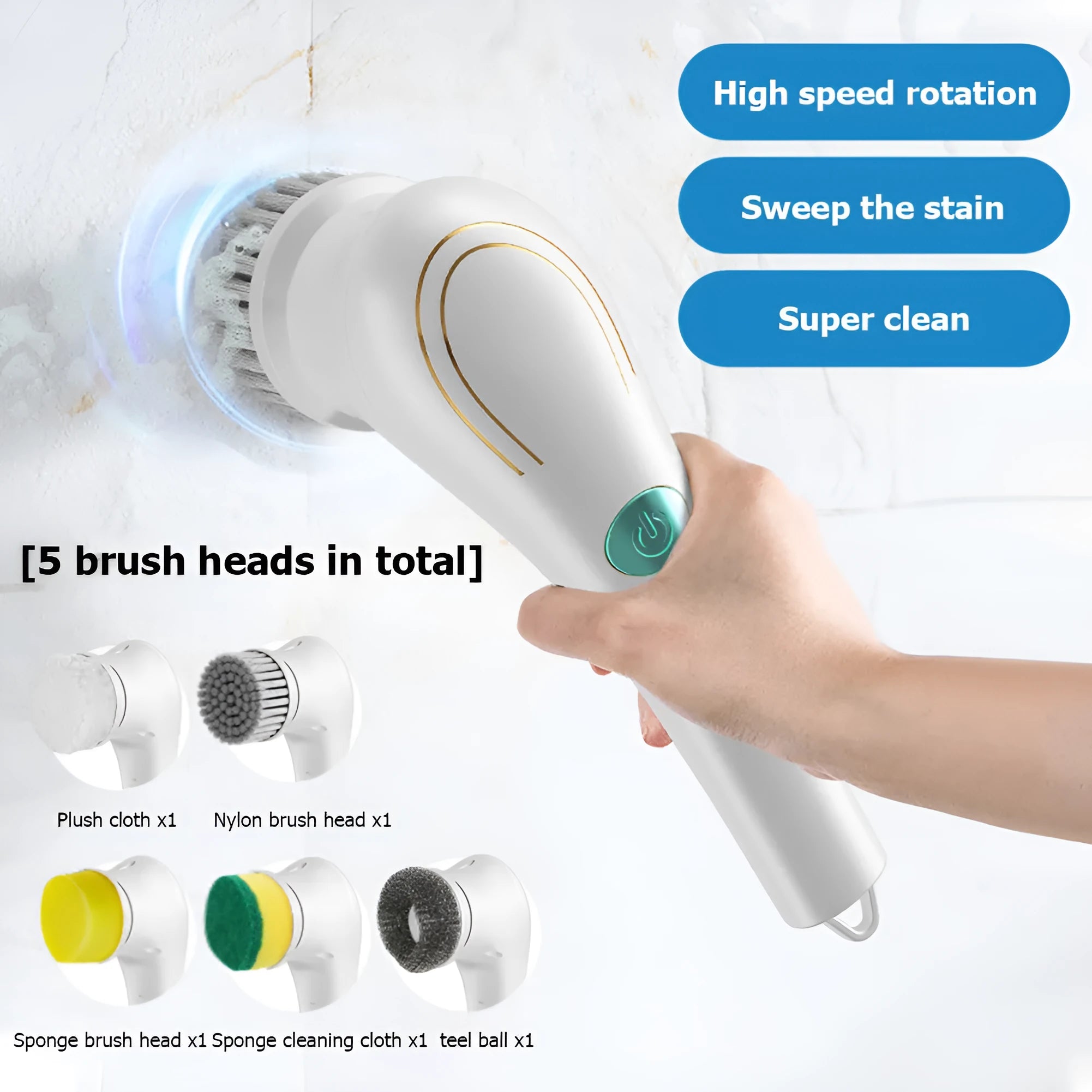 White cordless electric scrubber with five brush heads for household cleaning
