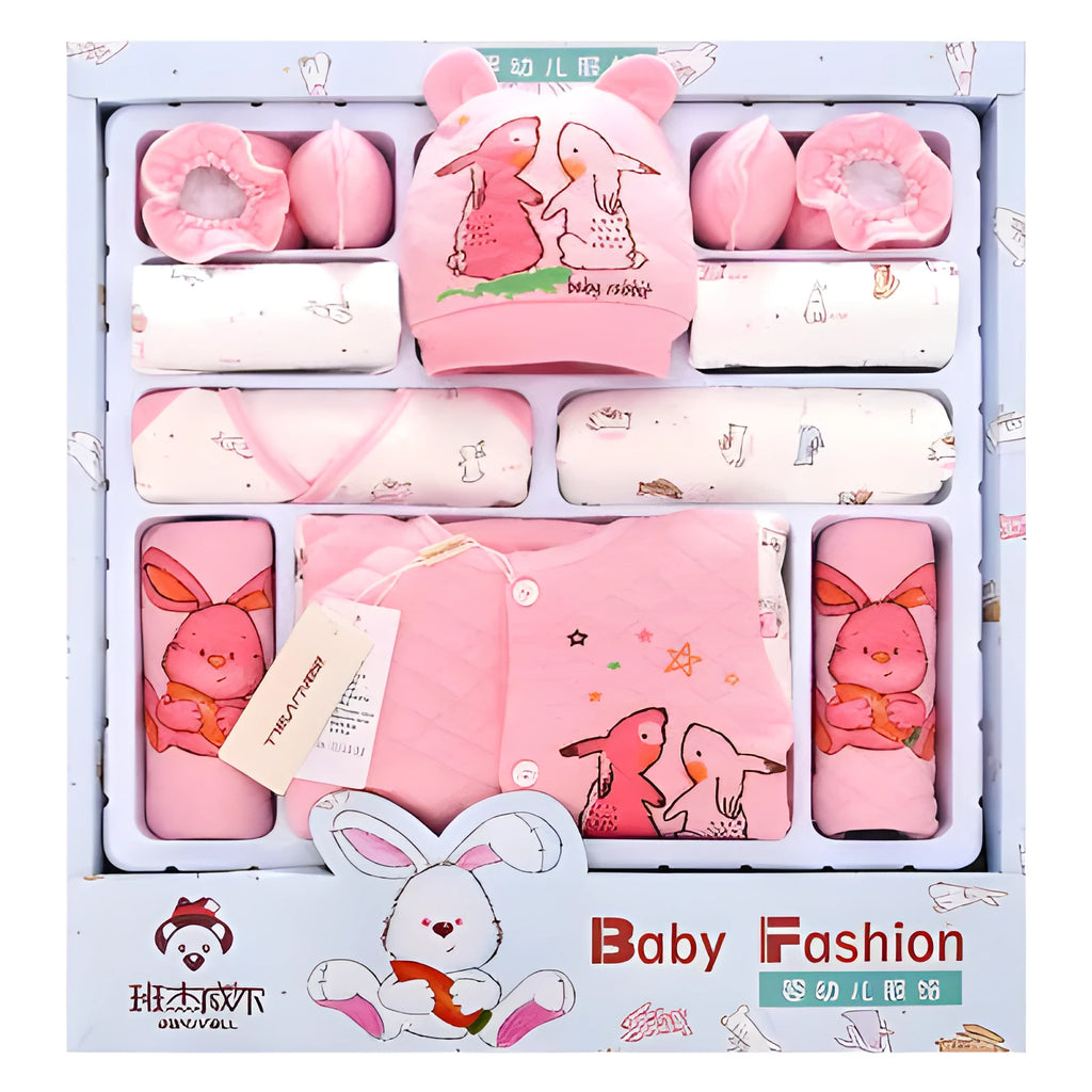Pink radish rabbit print cotton baby girl clothes set with thick fleece lining for newborns