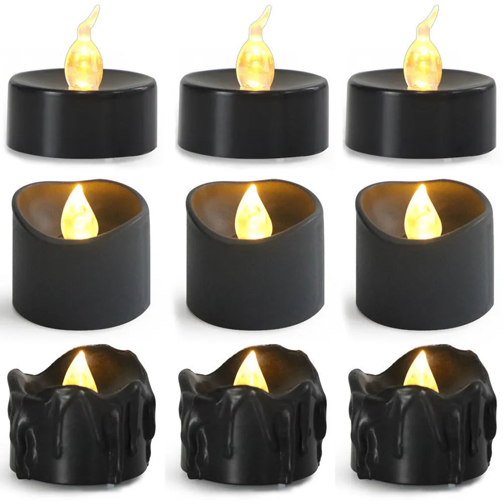 LED Christmas Decorations Black Electronic Wax Candles Plastic Injection Moulded Concave Design Yellow Flash 12 Pieces Indoor Holiday Decor