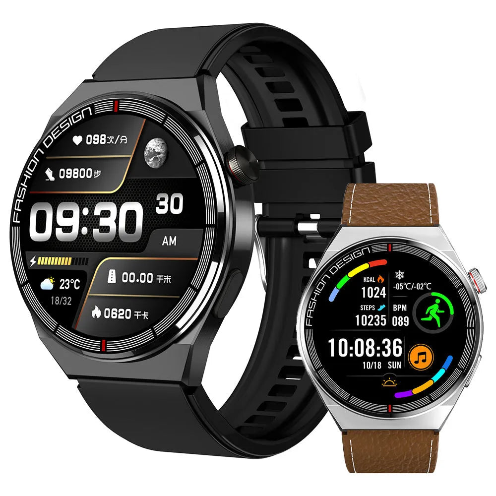 Black and silver smartwatch on wrist showing heart rate monitoring display with silicone and leather strap options.