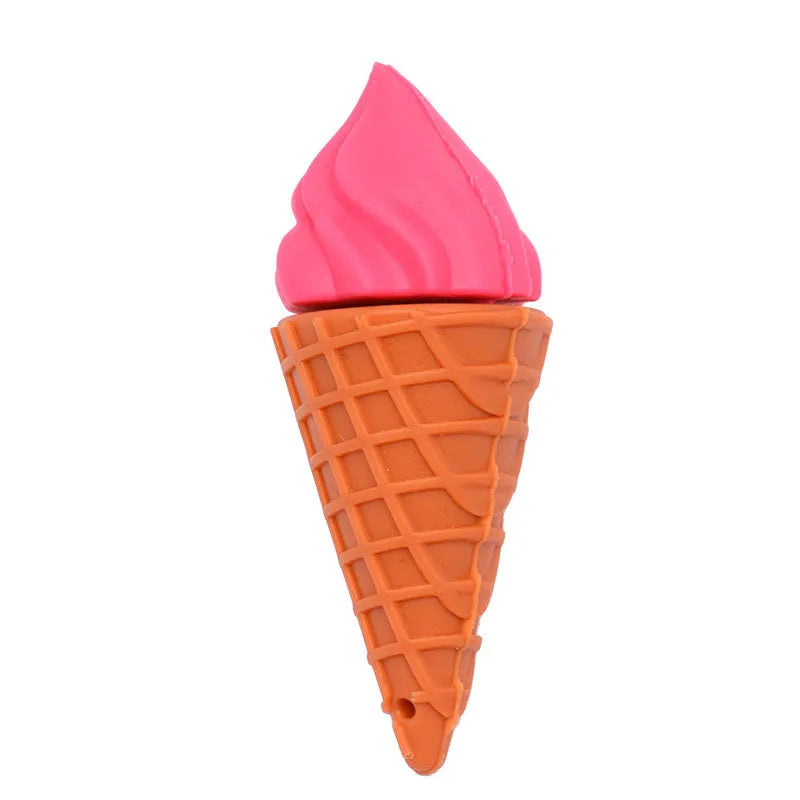 Mini ice cream shaped USB flash drive in pink colour on a plain background.