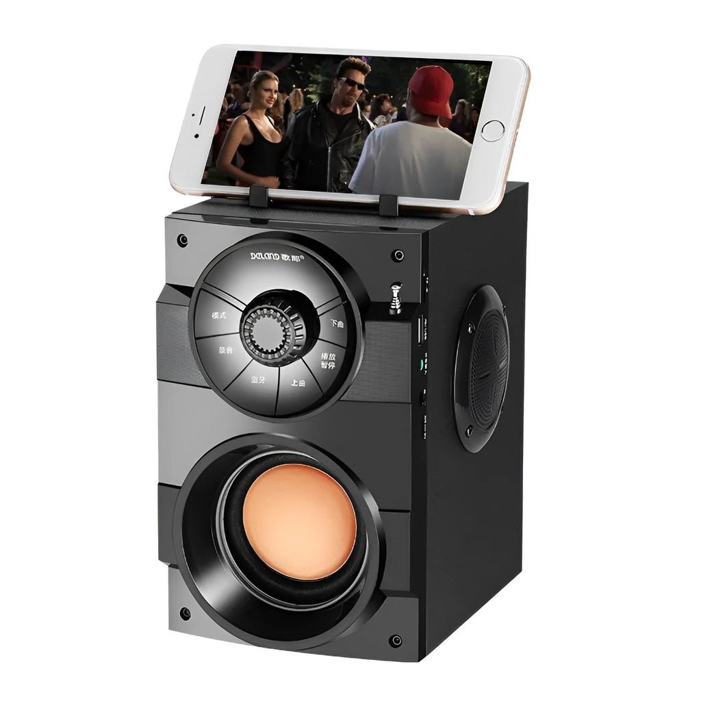 Black portable mini home audio system with subwoofer and 3.5mm audio cable