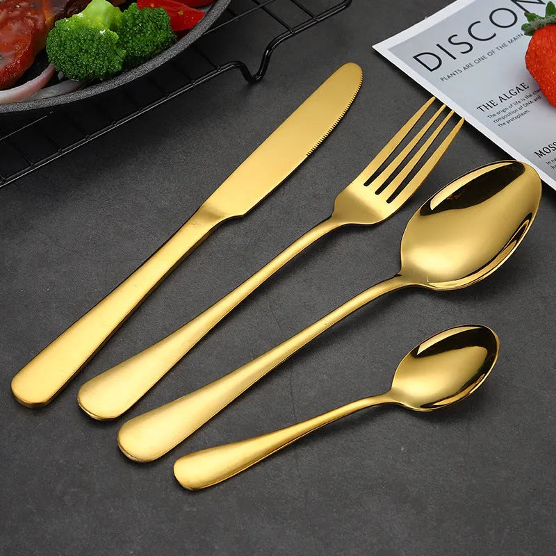 24-piece stainless steel tableware set showing knives, forks and spoons in multiple colour options