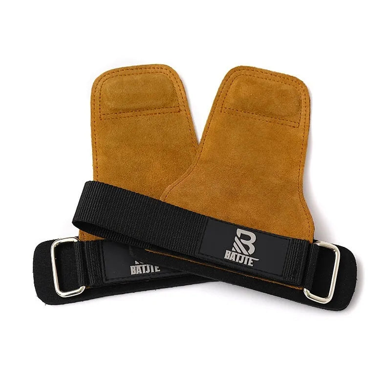 A pair of brown fitness hand protectors or wrist guards laid flat.