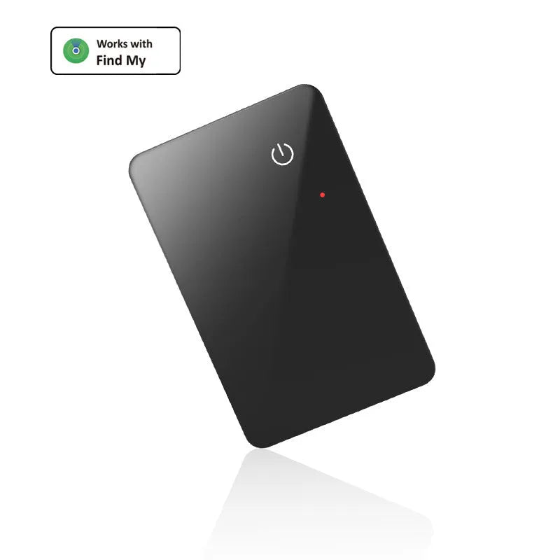 Black credit card-sized pet tracker with wireless charging and a hanging hole, shown next to a coin for scale.