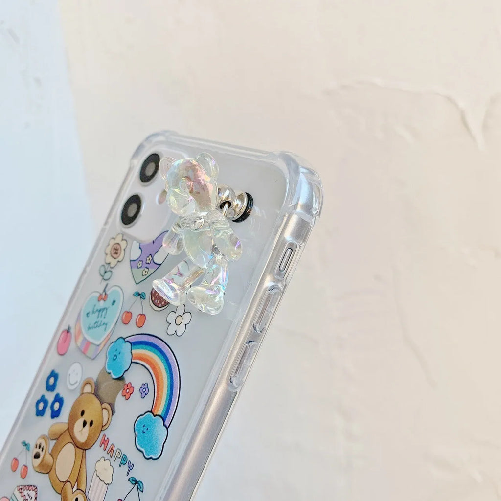 Bear chain charm on a TPU protective case for iPhone, featuring a Japanese Korean cartoon style design.