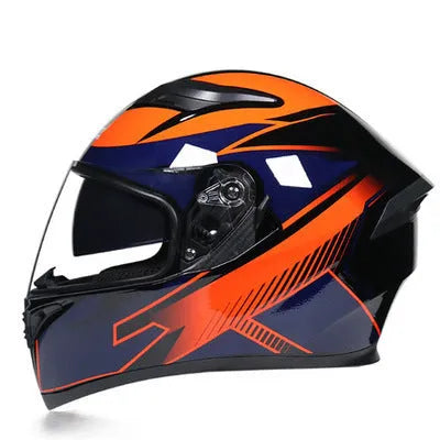 Full face ABS motorcycle helmet with anti-fog dual lens, available in multiple colours and sizes M to XXL