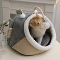 Semi-closed winter pet house in grey deerskin velvet showing lantern fish design with cat inside