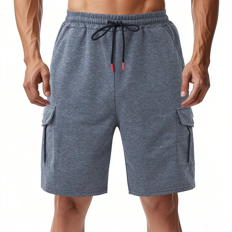 Heavy fabric cargo shorts with multiple pockets in loose sports style showing light grey colour option