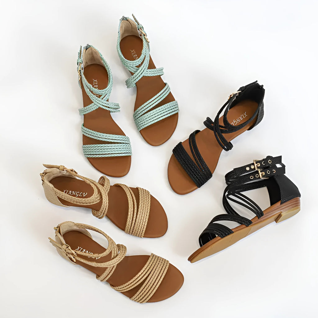 Women's open toe Roman sandals with cross straps, thick rubber sole, and back zipper in apricot colour